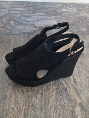 Black Suede Open-Toe Slingback Wedge Sandals